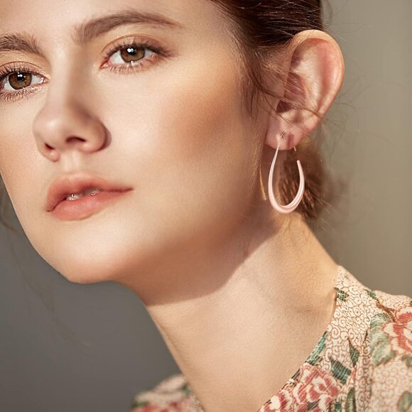 Rose gold Polished Lightweight Teardrop Large Oval Pull Hoop Earrings for Women - Picture 4 of 6